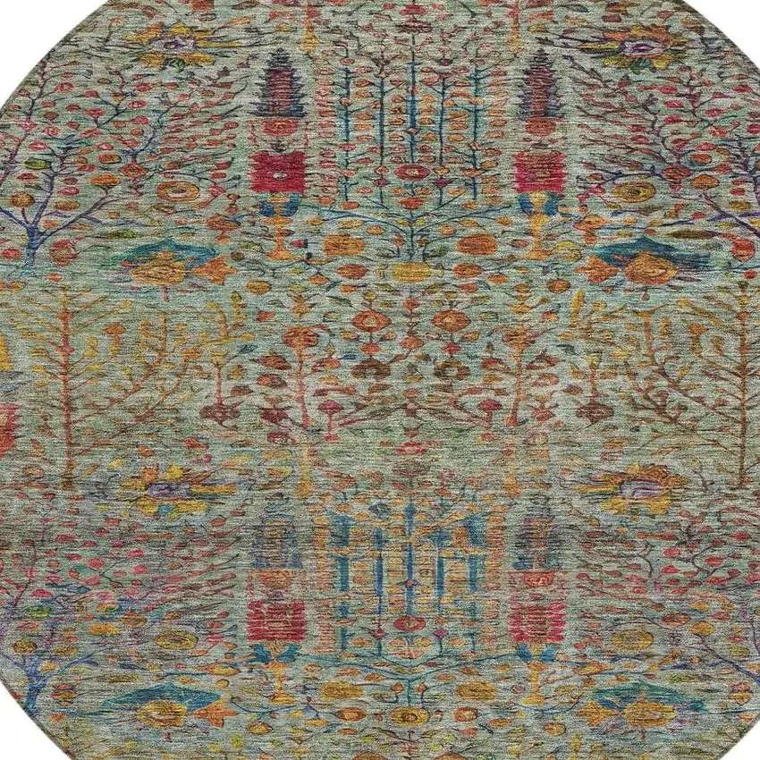 8' Green Red And Navy Blue Round Floral Washable Indoor Outdoor Area Rug Photo 9