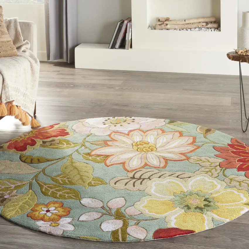 6' Green Round Floral Hand Hooked Handmade Area Rug Photo 8