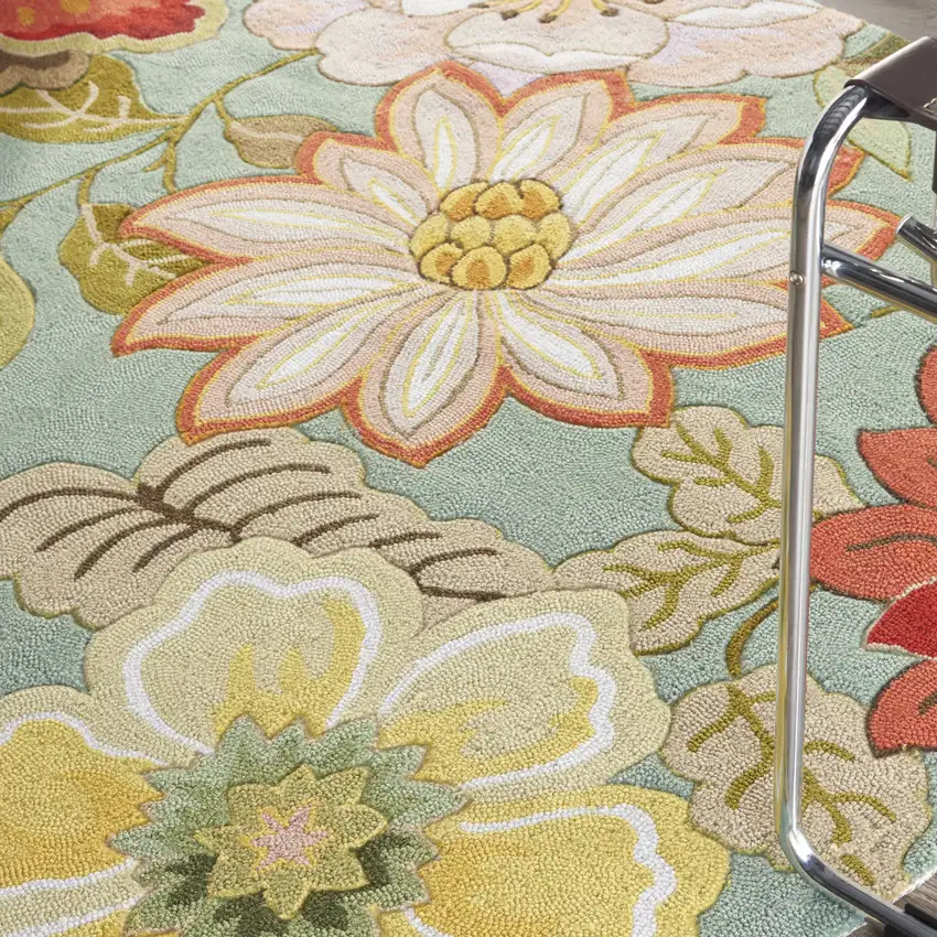 6' Green Round Floral Hand Hooked Handmade Area Rug Photo 5