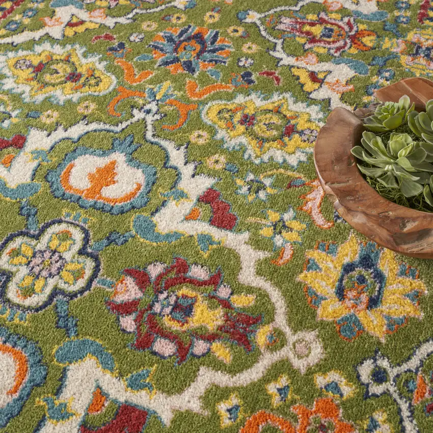 8' Green Round Floral Power Loom Area Rug Photo 9