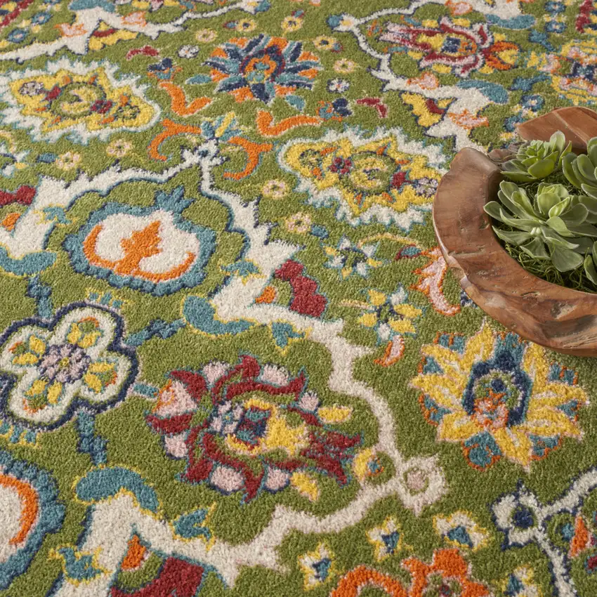 8' Green Round Floral Power Loom Area Rug Photo 6