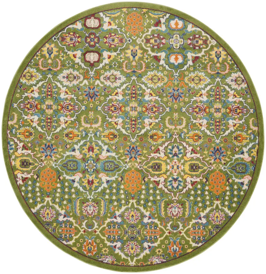 8' Green Round Floral Power Loom Area Rug Photo 1