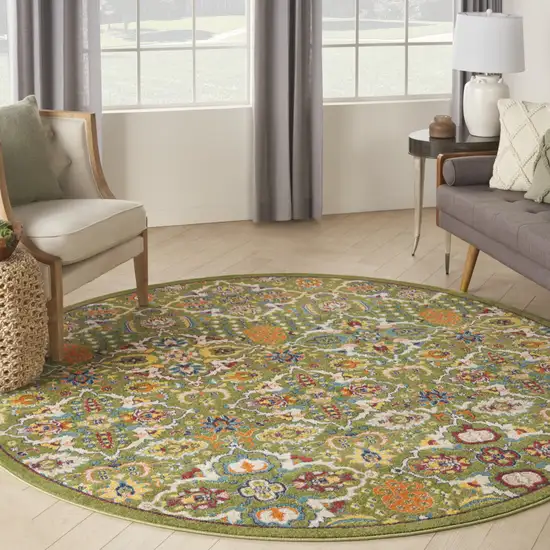 8' Green Round Floral Power Loom Area Rug Photo 5
