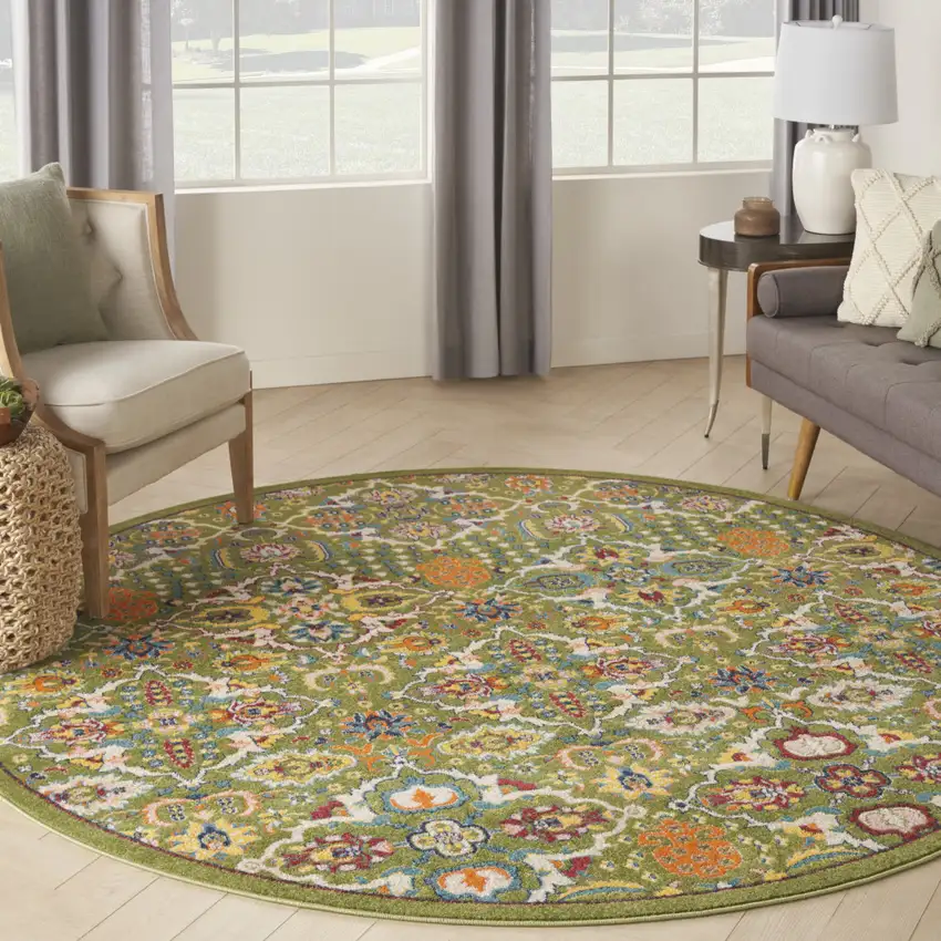 8' Green Round Floral Power Loom Area Rug Photo 5