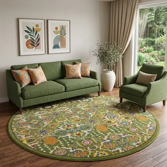 8' Green Round Floral Power Loom Area Rug Photo 1
