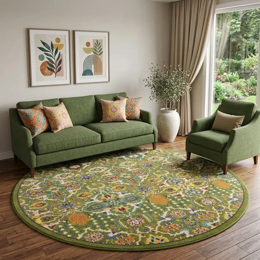 8' Green Round Floral Power Loom Area Rug Photo 1