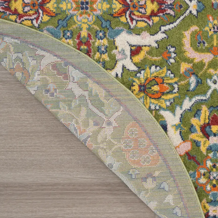 8' Green Round Floral Power Loom Area Rug Photo 7