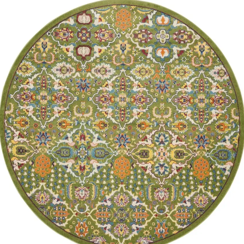 8' Green Round Floral Power Loom Area Rug Photo 3