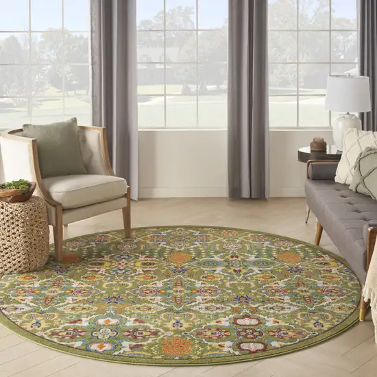 8' Green Round Floral Power Loom Area Rug Photo 6