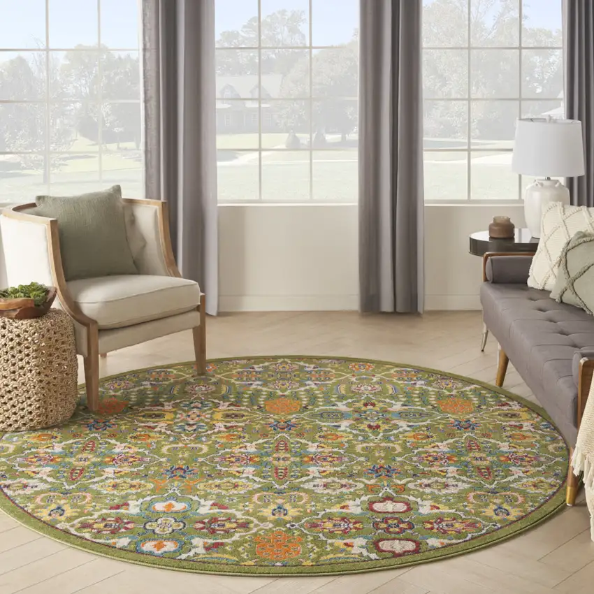 8' Green Round Floral Power Loom Area Rug Photo 6