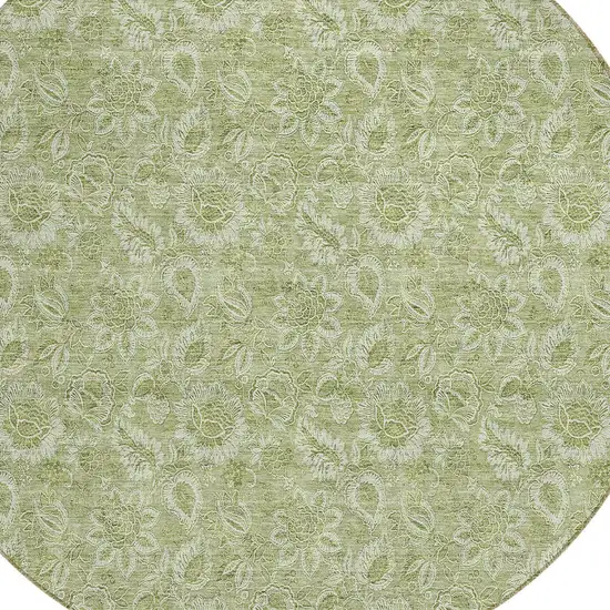8' Green Round Floral Washable Indoor Outdoor Area Rug Photo 5