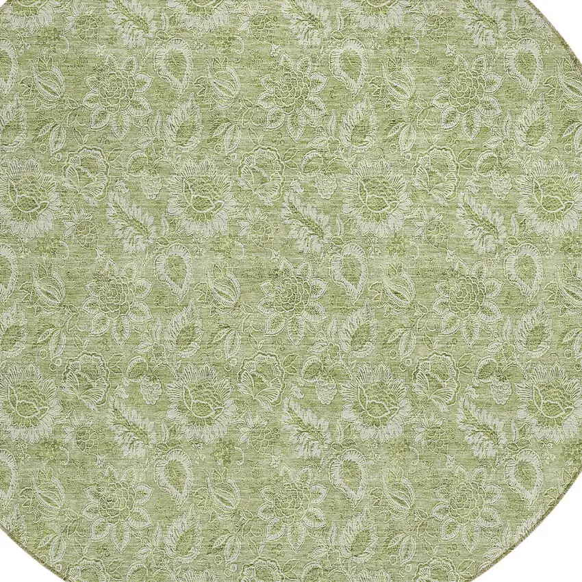 8' Green Round Floral Washable Indoor Outdoor Area Rug Photo 5