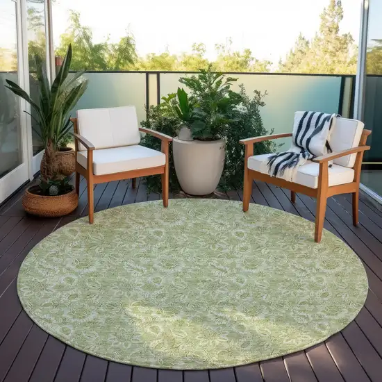 8' Green Round Floral Washable Indoor Outdoor Area Rug Photo 7