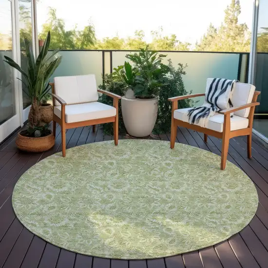 8' Green Round Floral Washable Indoor Outdoor Area Rug Photo 7