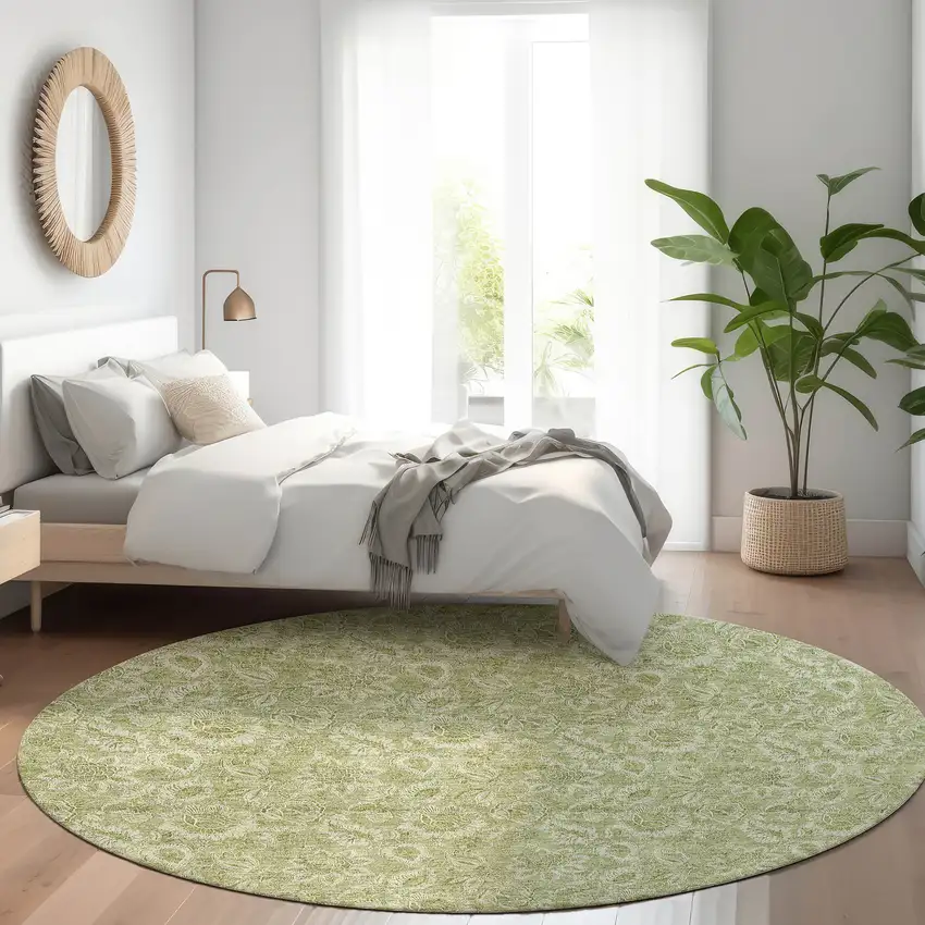 8' Green Round Floral Washable Indoor Outdoor Area Rug Photo 8