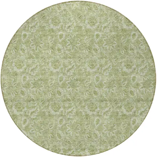 8' Green Round Floral Washable Indoor Outdoor Area Rug Photo 6