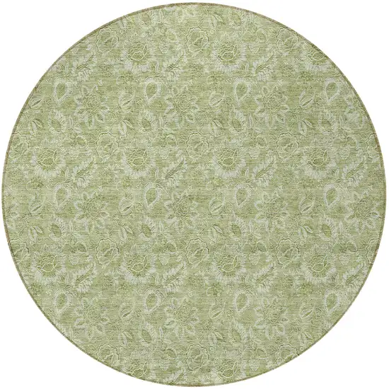 8' Green Round Floral Washable Indoor Outdoor Area Rug Photo 6