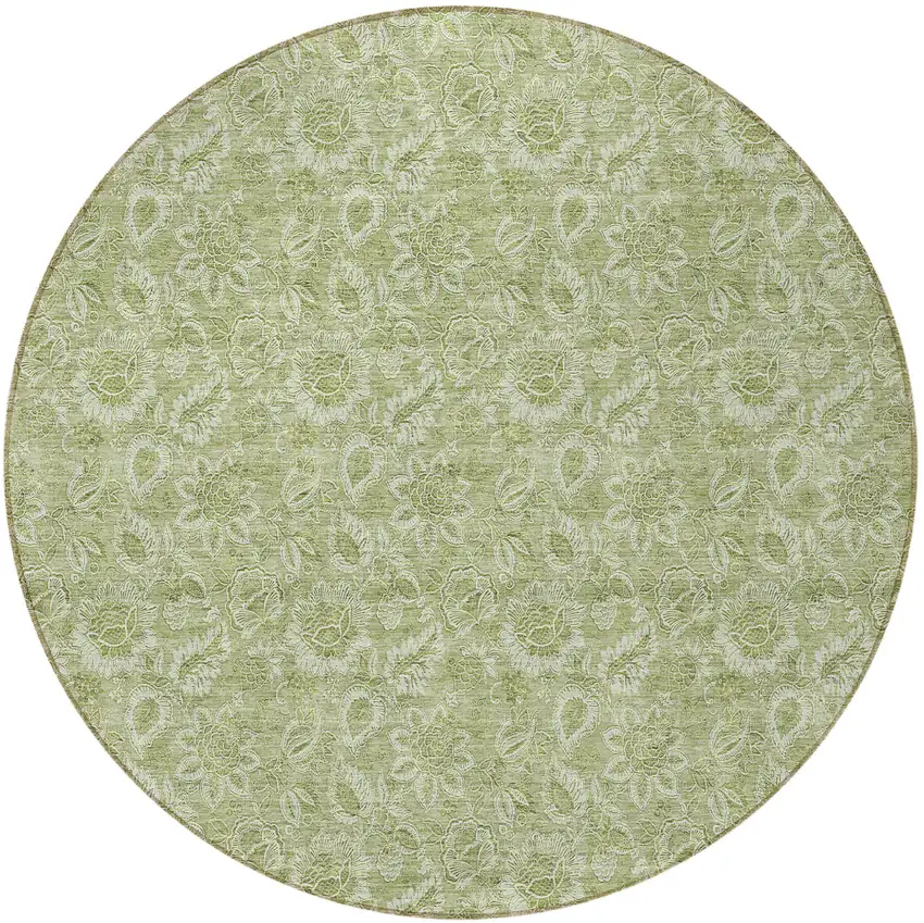 8' Green Round Floral Washable Indoor Outdoor Area Rug Photo 6