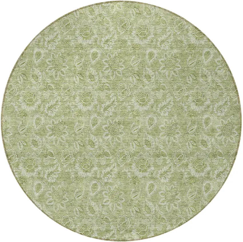 8' Green Round Floral Washable Indoor Outdoor Area Rug Photo 6