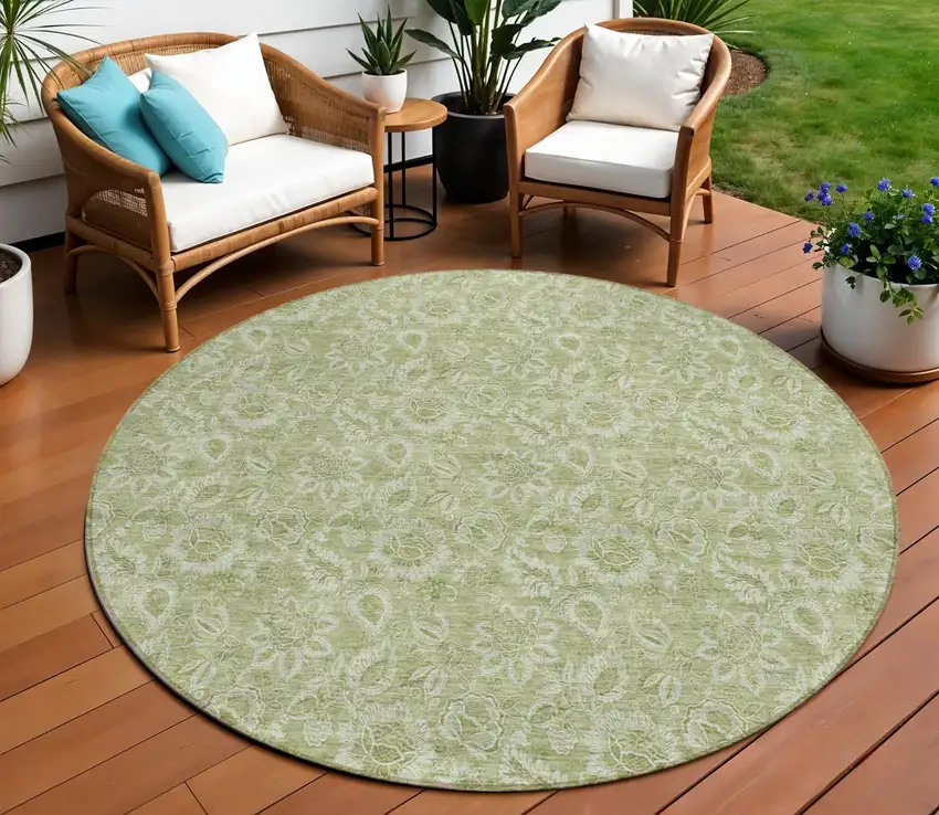 8' Green Round Floral Washable Indoor Outdoor Area Rug Photo 1