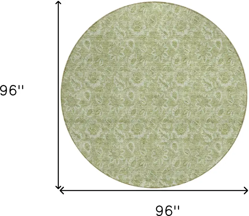8' Green Round Floral Washable Indoor Outdoor Area Rug Photo 3