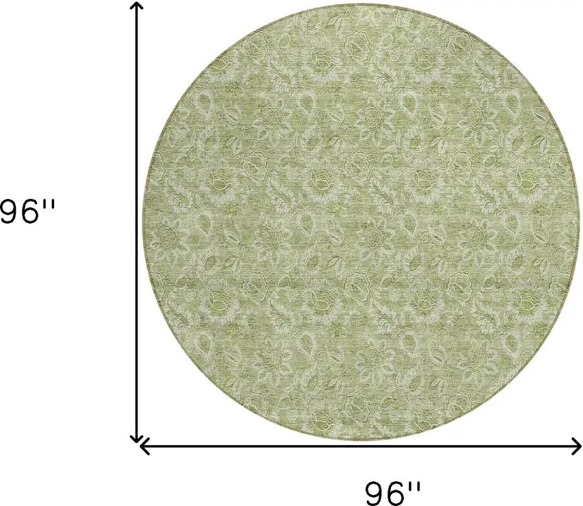 8' Green Round Floral Washable Indoor Outdoor Area Rug Photo 3