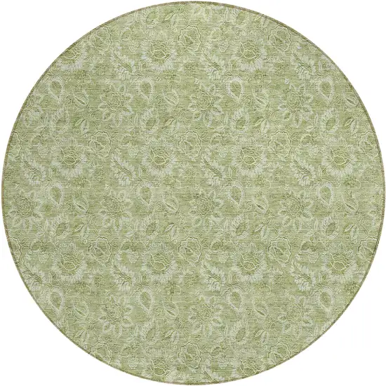 8' Green Round Floral Washable Indoor Outdoor Area Rug Photo 2