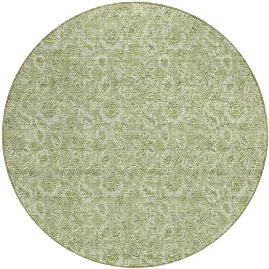 8' Green Round Floral Washable Indoor Outdoor Area Rug Photo 2