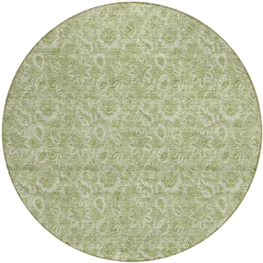 8' Green Round Floral Washable Indoor Outdoor Area Rug Photo 2