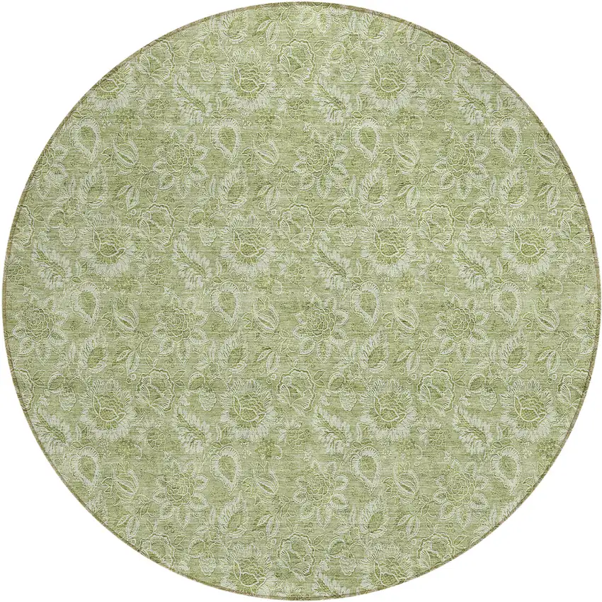 8' Green Round Floral Washable Indoor Outdoor Area Rug Photo 2