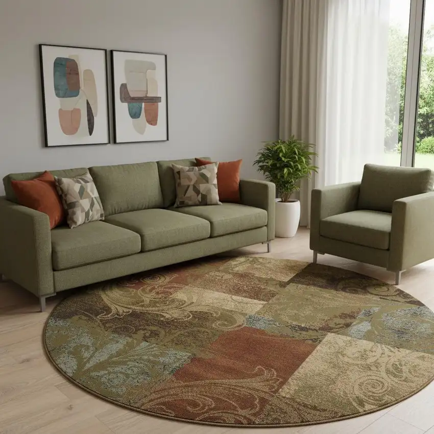 8' Green Round Geometric Power Loom Stain Resistant Area Rug Photo 1