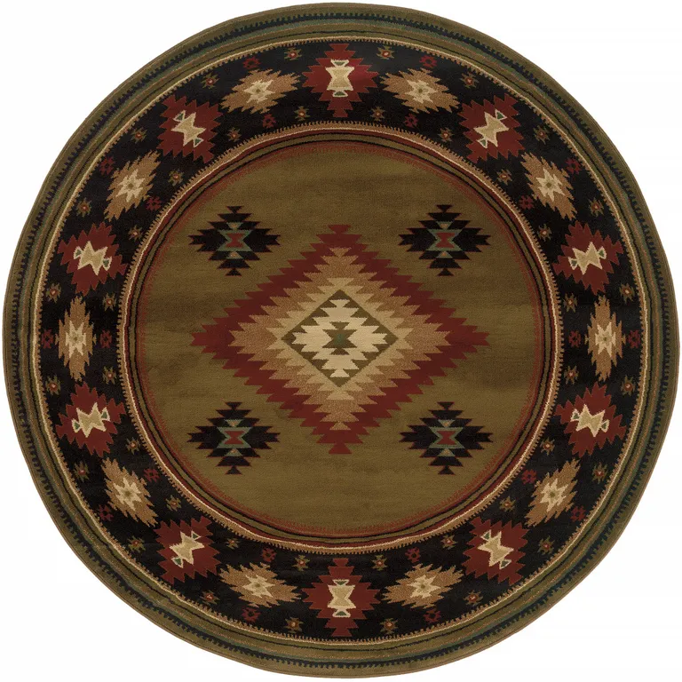 8' Green Round Southwestern Power Loom Stain Resistant Area Rug Photo 1