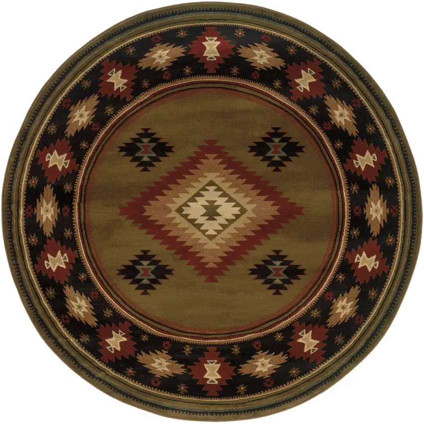 8' Green Round Southwestern Power Loom Stain Resistant Area Rug Photo 1