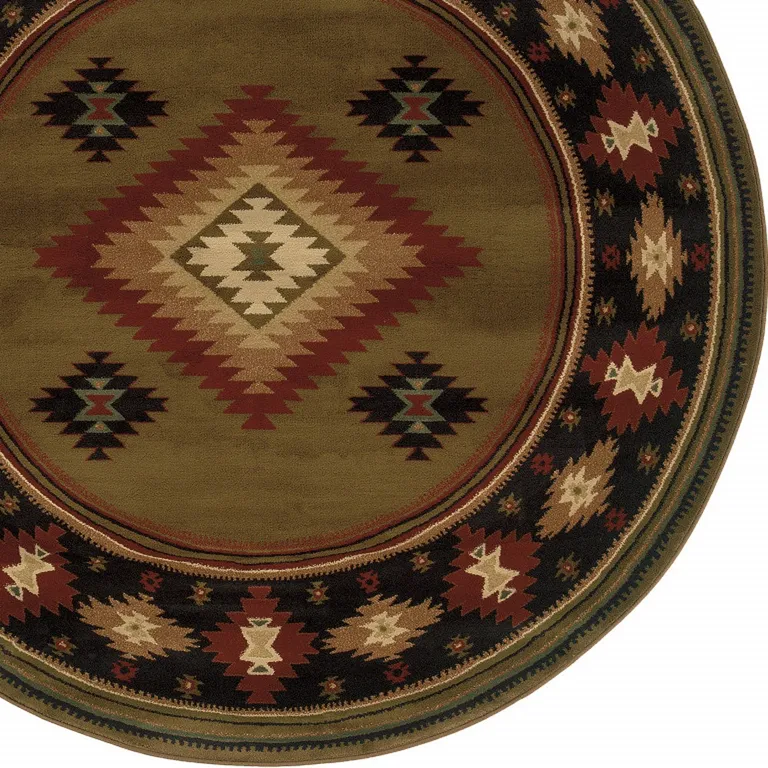 8' Green Round Southwestern Power Loom Stain Resistant Area Rug Photo 3