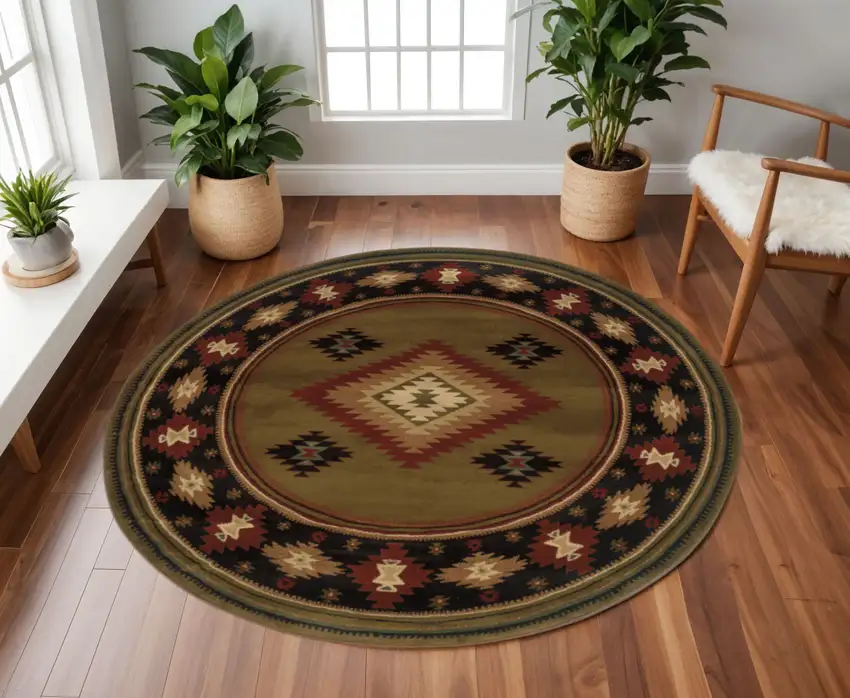 8' Green Round Southwestern Power Loom Stain Resistant Area Rug Photo 1