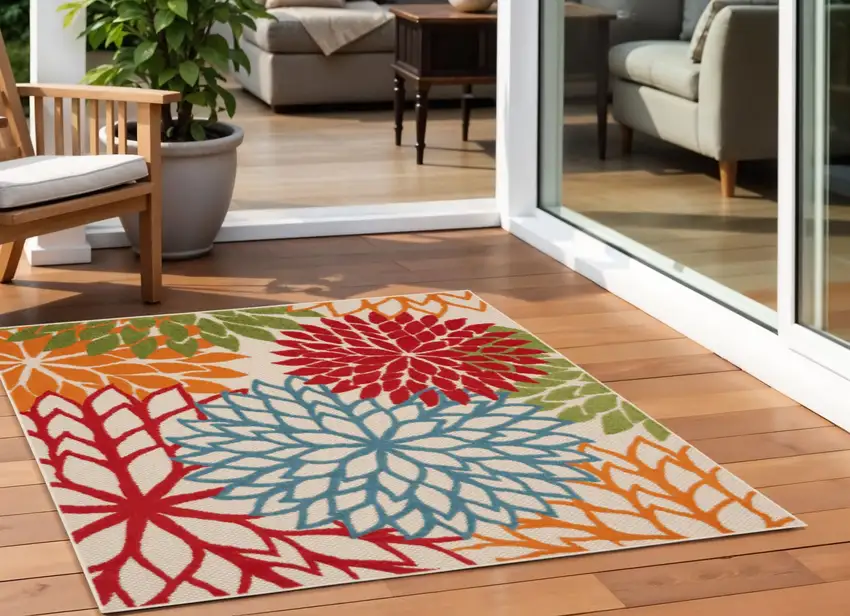 5' Green Orange and Red Indoor Outdoor Area Rug Photo 1