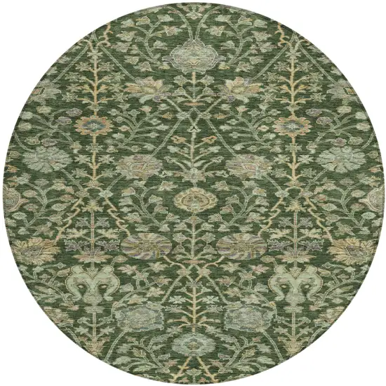 8' Green Tan And Gray Round Floral Washable Indoor Outdoor Area Rug Photo 2