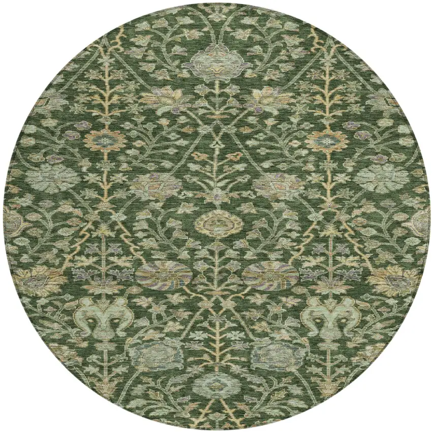 8' Green Tan And Gray Round Floral Washable Indoor Outdoor Area Rug Photo 2