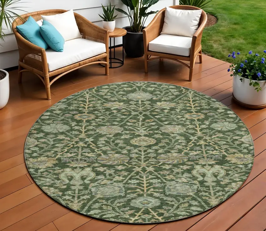 8' Green Tan And Gray Round Floral Washable Indoor Outdoor Area Rug Photo 1