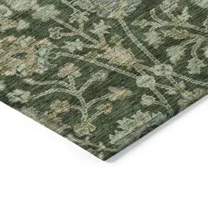 Photo of 8' Green Tan And Gray Round Floral Washable Indoor Outdoor Area Rug