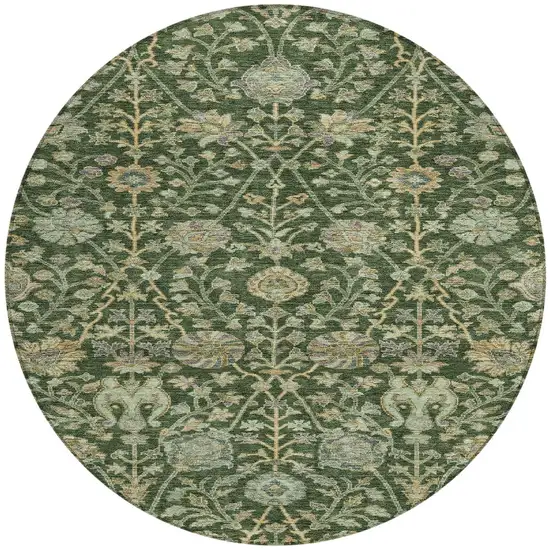 8' Green Tan And Gray Round Floral Washable Indoor Outdoor Area Rug Photo 6