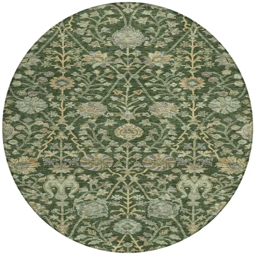 8' Green Tan And Gray Round Floral Washable Indoor Outdoor Area Rug Photo 6