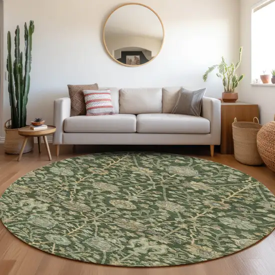 8' Green Tan And Gray Round Floral Washable Indoor Outdoor Area Rug Photo 9
