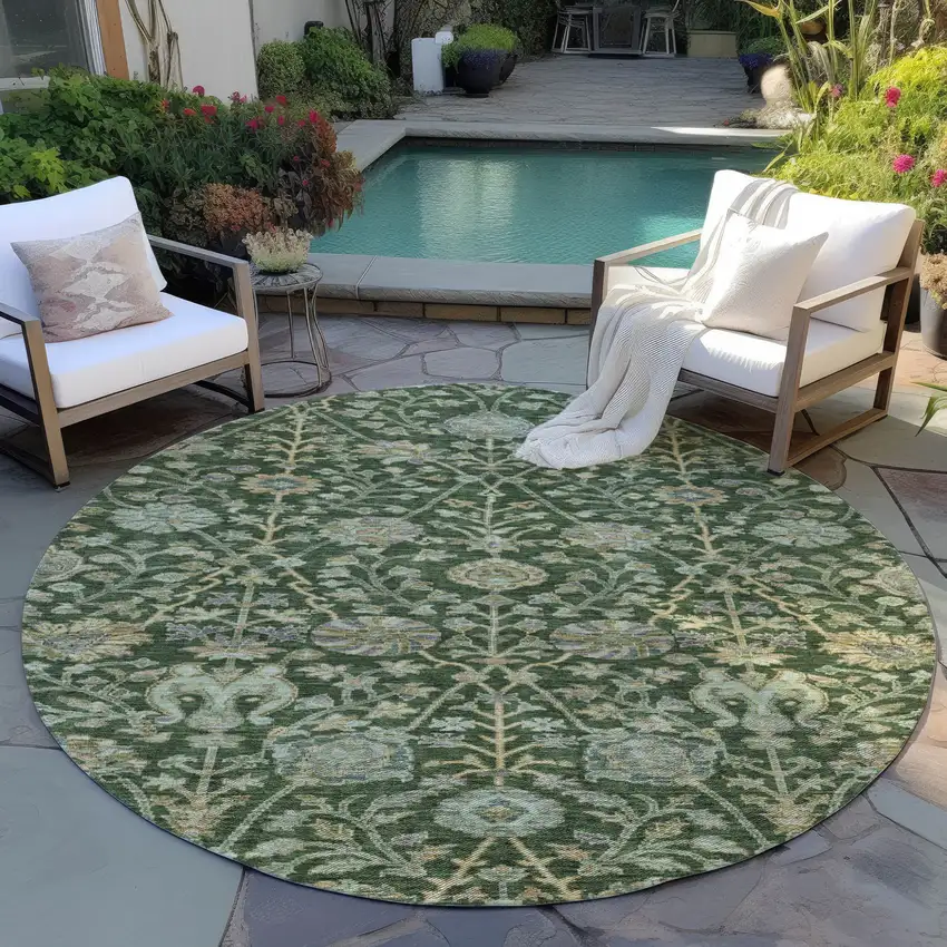 8' Green Tan And Gray Round Floral Washable Indoor Outdoor Area Rug Photo 8