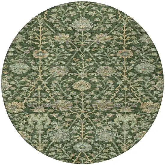 8' Green Tan And Gray Round Floral Washable Indoor Outdoor Area Rug Photo 7