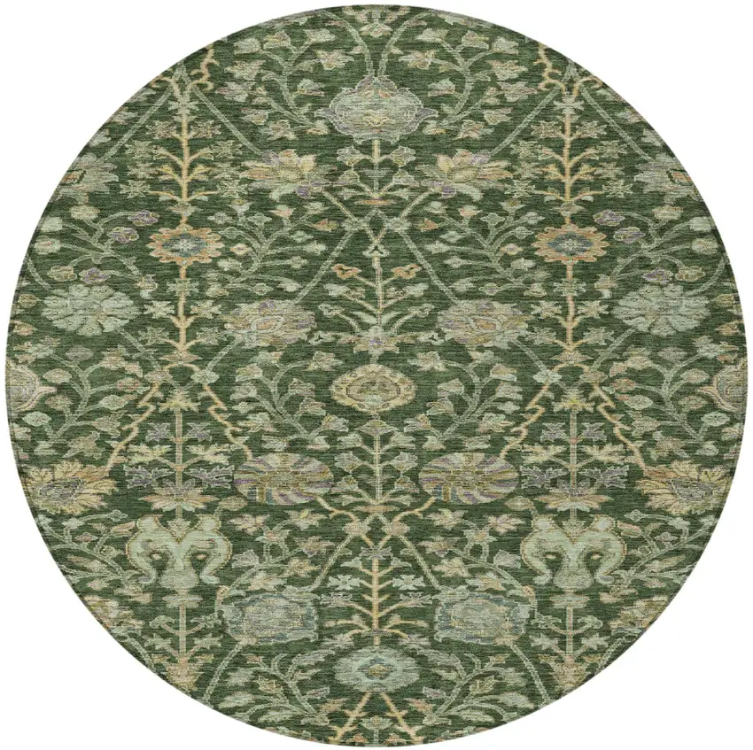 8' Green Tan And Gray Round Floral Washable Indoor Outdoor Area Rug Photo 7
