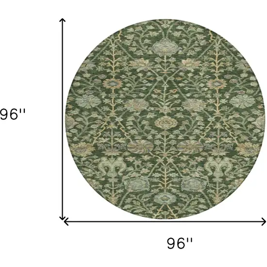 8' Green Tan And Gray Round Floral Washable Indoor Outdoor Area Rug Photo 8