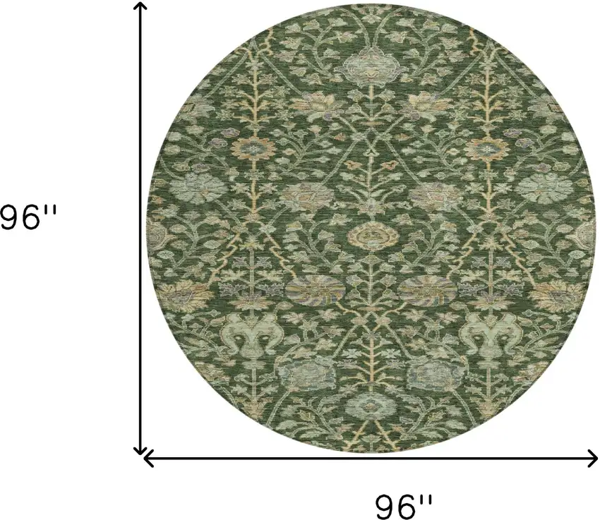 8' Green Tan And Gray Round Floral Washable Indoor Outdoor Area Rug Photo 8