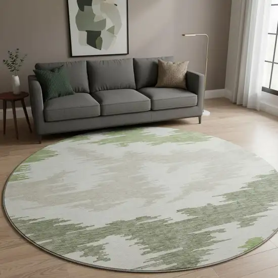 8' Green Taupe And Beige Abstract Washable Round Rug With UV Protection Photo 2