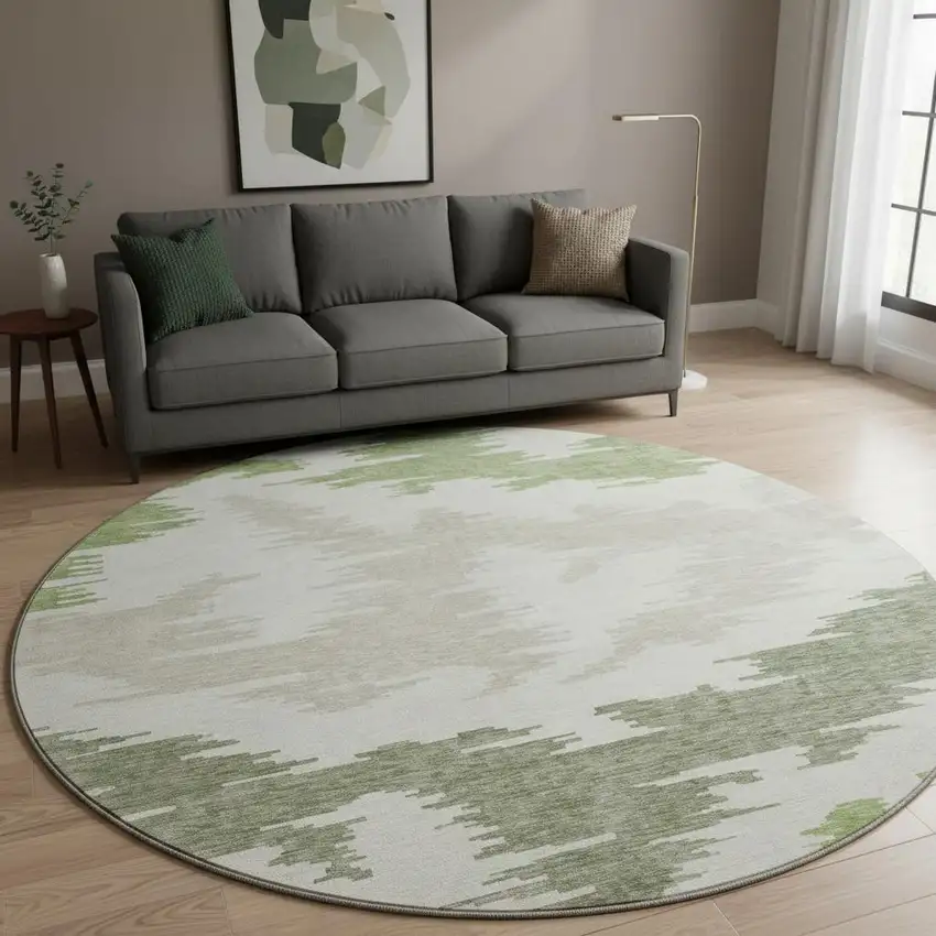 8' Green Taupe And Beige Abstract Washable Round Rug With UV Protection Photo 2